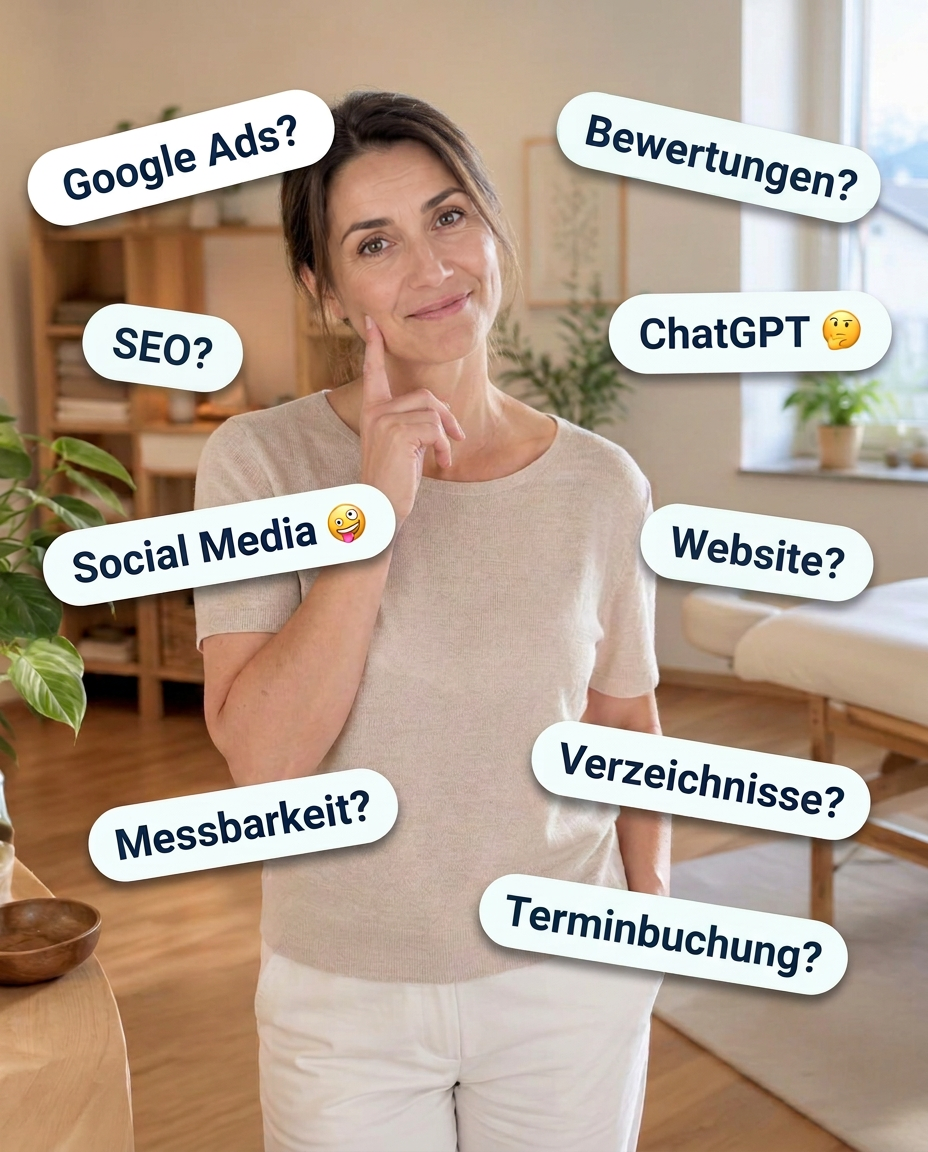 Sympathisch lächelnde Therapeutin mit fragendem Blick, umgeben von Fragen zu Google Ads, SEO, Bewertungen, ChatGPT, Social Media, Website, Messbarkeit, Verzeichnissen und Terminbuchung
